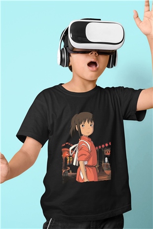 Unisex Ruhların Kaçışı (Spirited Away) Baskılı Siyah Çocuk Tişört