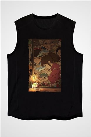 Unisex Ruhların Kaçışı (Spirited Away) Baskılı Siyah Kolsuz T-shirt