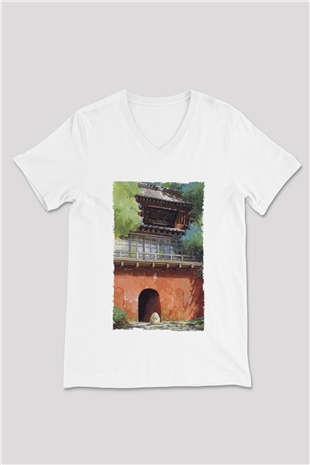 Unisex Ruhların Kaçışı (Spirited Away) Baskılı Beyaz V Yaka Tshirt