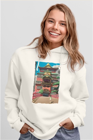 Unisex Ruhların Kaçışı (Spirited Away) Baskılı Beyaz Kapüşonlu Sweatshirt