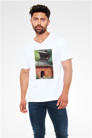 Unisex Ruhların Kaçışı (Spirited Away) Baskılı Beyaz V Yaka Tshirt