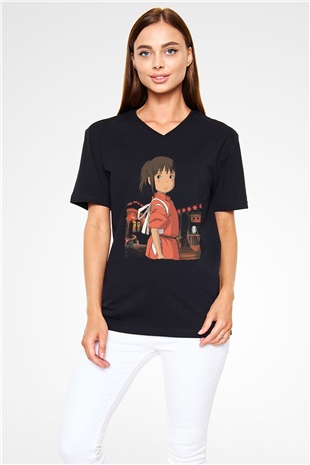Unisex Ruhların Kaçışı (Spirited Away) Baskılı Siyah V Yaka Tişört