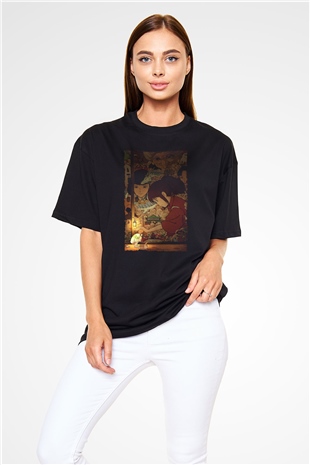 Unisex Ruhların Kaçışı (Spirited Away) Baskılı Siyah Oversize T-shirt