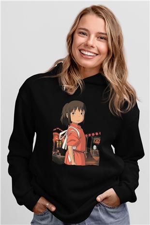 Unisex Ruhların Kaçışı (Spirited Away) Baskılı Siyah Kapüşonlu Sweatshirt