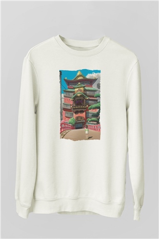 Unisex Ruhların Kaçışı (Spirited Away) Baskılı Beyaz Sweatshirt