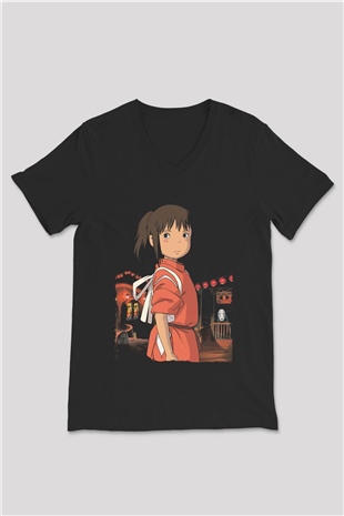 Unisex Ruhların Kaçışı (Spirited Away) Baskılı Siyah V Yaka Tişört