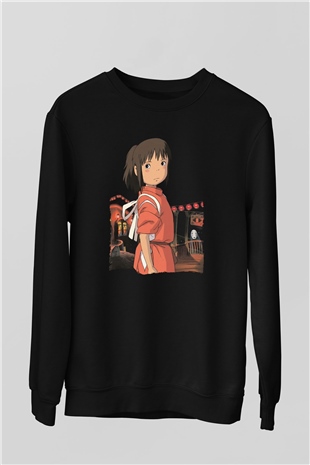 Unisex Ruhların Kaçışı (Spirited Away) Baskılı Siyah Sweatshirt