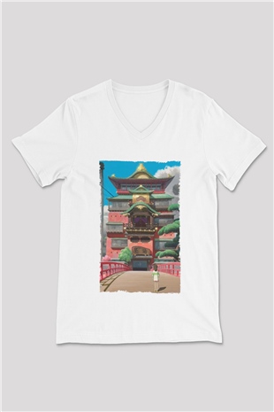 Unisex Ruhların Kaçışı (Spirited Away) Baskılı Beyaz V Yaka T-shirt