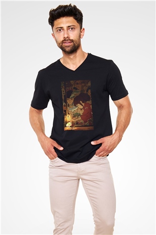 Unisex Ruhların Kaçışı (Spirited Away) Baskılı Siyah V Yaka T-shirt