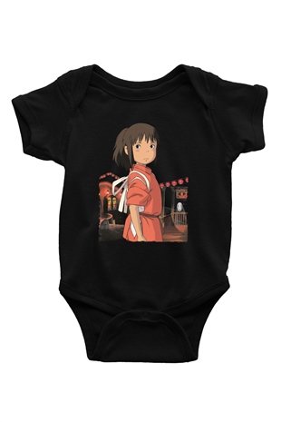Unisex Ruhların Kaçışı (Spirited Away) Baskılı Siyah Bebek Body - Zıbın