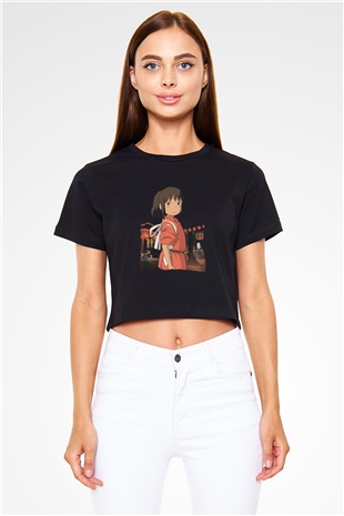 Unisex Ruhların Kaçışı (Spirited Away) Baskılı Siyah Crop Top Tişört