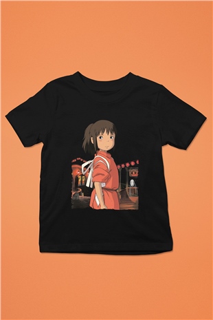Unisex Ruhların Kaçışı (Spirited Away) Baskılı Siyah Çocuk Tişört