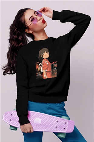 Unisex Ruhların Kaçışı (Spirited Away) Baskılı Siyah Sweatshirt