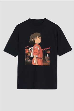 Unisex Ruhların Kaçışı (Spirited Away) Baskılı Siyah Oversize Tişört