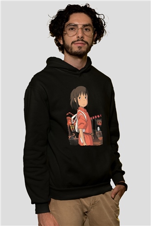 Unisex Ruhların Kaçışı (Spirited Away) Baskılı Siyah Kapüşonlu Sweatshirt