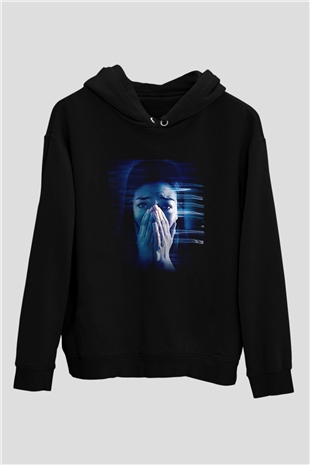 Unisex Safer at Home Baskılı Siyah Kapüşonlu Sweatshirt