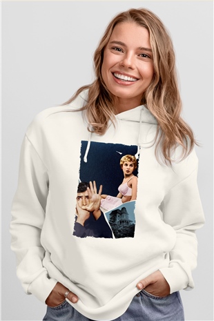Unisex Sapık (Psycho) Baskılı Beyaz Kapüşonlu Sweatshirt