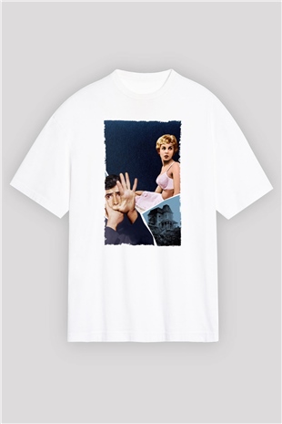 Unisex Sapık (Psycho) Baskılı Beyaz Oversize Tişört