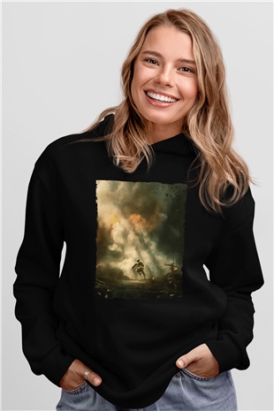 Unisex Savaş Vadisi (Hacksaw Ridge) Baskılı Siyah Kapüşonlu Sweatshirt