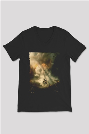 Unisex Savaş Vadisi (Hacksaw Ridge) Baskılı Siyah V Yaka Tişört