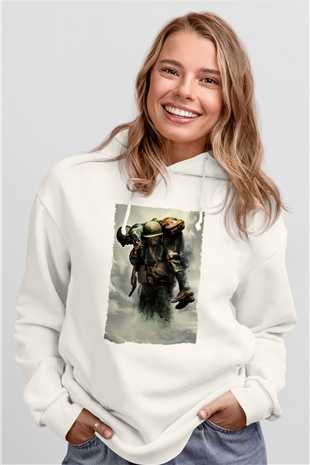 Unisex Savaş Vadisi (Hacksaw Ridge) Baskılı Beyaz Kapüşonlu Sweatshirt