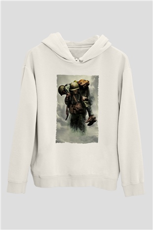 Unisex Savaş Vadisi (Hacksaw Ridge) Baskılı Beyaz Kapüşonlu Sweatshirt