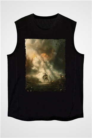 Unisex Savaş Vadisi (Hacksaw Ridge) Baskılı Siyah Kolsuz Tişört