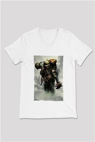 Unisex Savaş Vadisi (Hacksaw Ridge) Baskılı Beyaz V Yaka Tişört