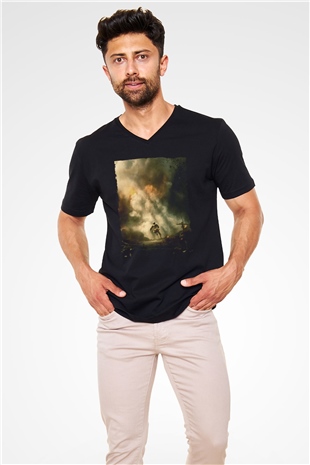 Unisex Savaş Vadisi (Hacksaw Ridge) Baskılı Siyah V Yaka Tişört