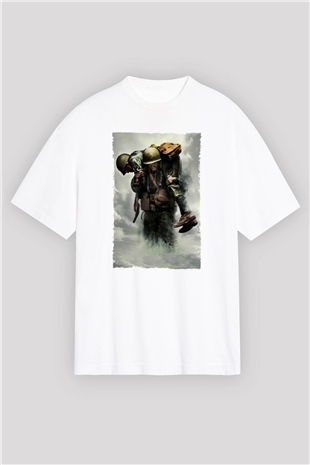 Unisex Savaş Vadisi (Hacksaw Ridge) Baskılı Beyaz Oversize Tişört