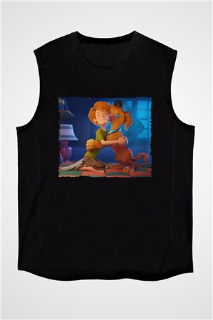Unisex Scooby-Doo Baskılı Siyah Kolsuz Tişört