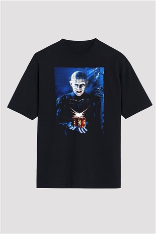 Unisex Şeytan Pusuda Bekliyor (Hellraiser) Baskılı Siyah Oversize Tshirt