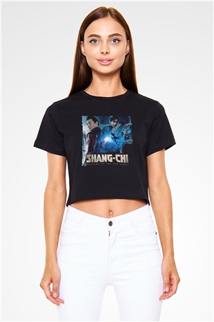 Unisex Shang-Chi ve On Halka Efsanesi (Shang-Chi and the Legend of the Ten Rings) Baskılı Siyah Crop Top Tişört