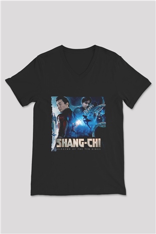 Unisex Shang-Chi ve On Halka Efsanesi (Shang-Chi and the Legend of the Ten Rings) Baskılı Siyah V Yaka Tişört