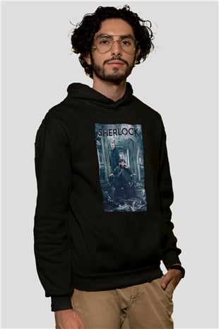 Unisex Sherlock Baskılı Siyah Kapüşonlu Sweatshirt