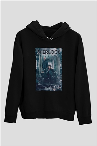Unisex Sherlock Baskılı Siyah Kapüşonlu Sweatshirt