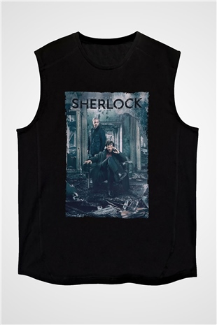 Unisex Sherlock Baskılı Siyah Kolsuz Tshirt