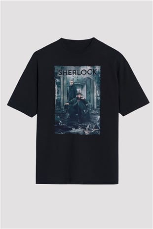 Unisex Sherlock Baskılı Siyah Oversize Tshirt