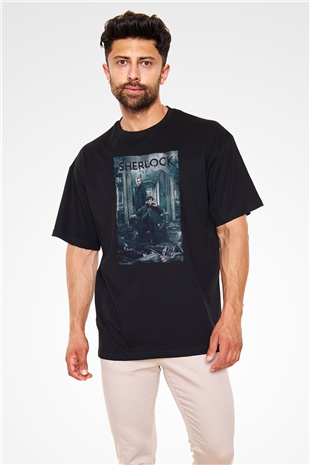 Unisex Sherlock Baskılı Siyah Oversize Tshirt