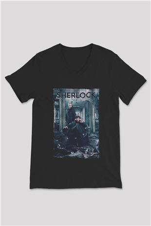 Unisex Sherlock Baskılı Siyah V Yaka Tshirt