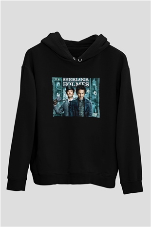 Unisex Sherlock Holmes Baskılı Siyah Kapüşonlu Sweatshirt