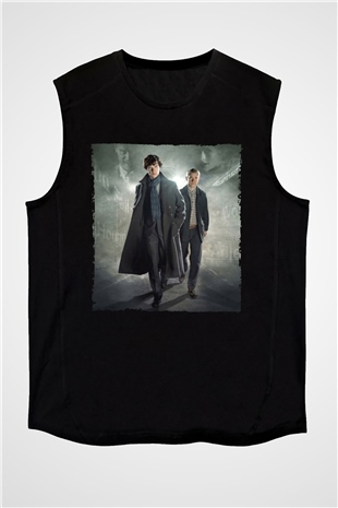 Unisex Sherlock Holmes Baskılı Siyah Kolsuz Tişört