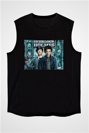 Unisex Sherlock Holmes Baskılı Siyah Kolsuz Tshirt