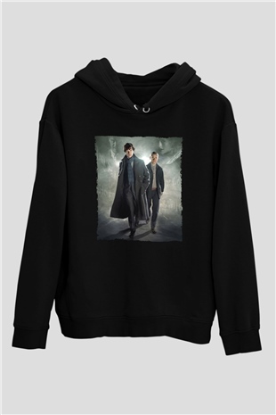 Unisex Sherlock Holmes Baskılı Siyah Kapüşonlu Sweatshirt