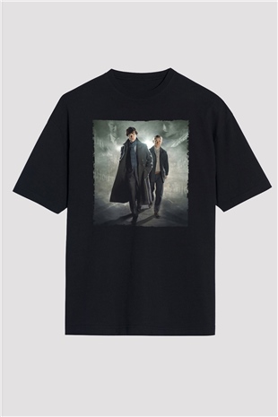 Unisex Sherlock Holmes Baskılı Siyah Oversize Tişört