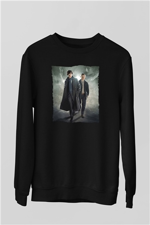 Unisex Sherlock Holmes Baskılı Siyah Sweatshirt