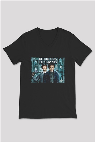 Unisex Sherlock Holmes Baskılı Siyah V Yaka Tshirt