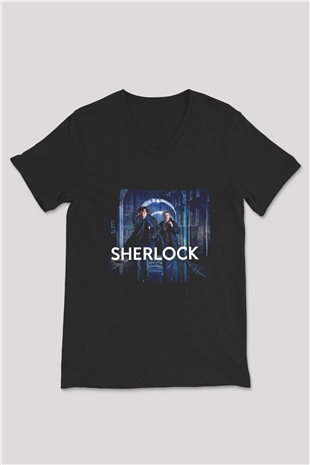 Unisex Sherlock Holmes Baskılı Siyah V Yaka T-shirt