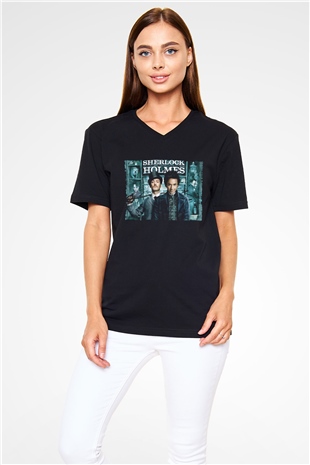 Unisex Sherlock Holmes Baskılı Siyah V Yaka Tshirt