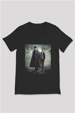 Unisex Sherlock Holmes Baskılı Siyah V Yaka Tişört